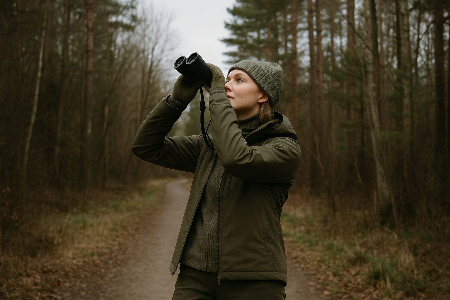 Kvinne i grønne turklær med kikkert og ryggsekk står i skogen.